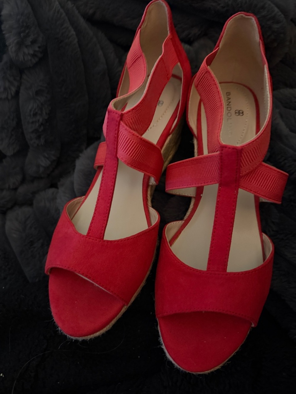Bandolino Red Suede T-Strap Wedge Sandals